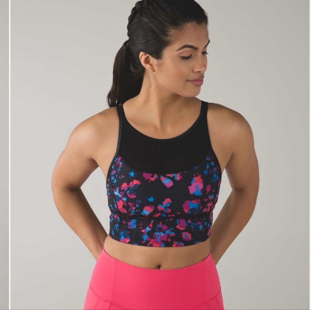lululemon athletica Black Floral Cropped Sports Bra with Pink & Blue Accents